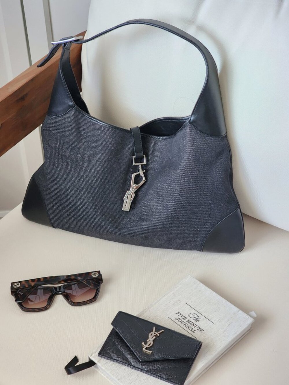 Vintage Gucci Black Denim Leather Jackie Hobo With Silver Clasp - Tom Ford Era